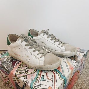 Golden Goose White and Green Superstar Sneakers